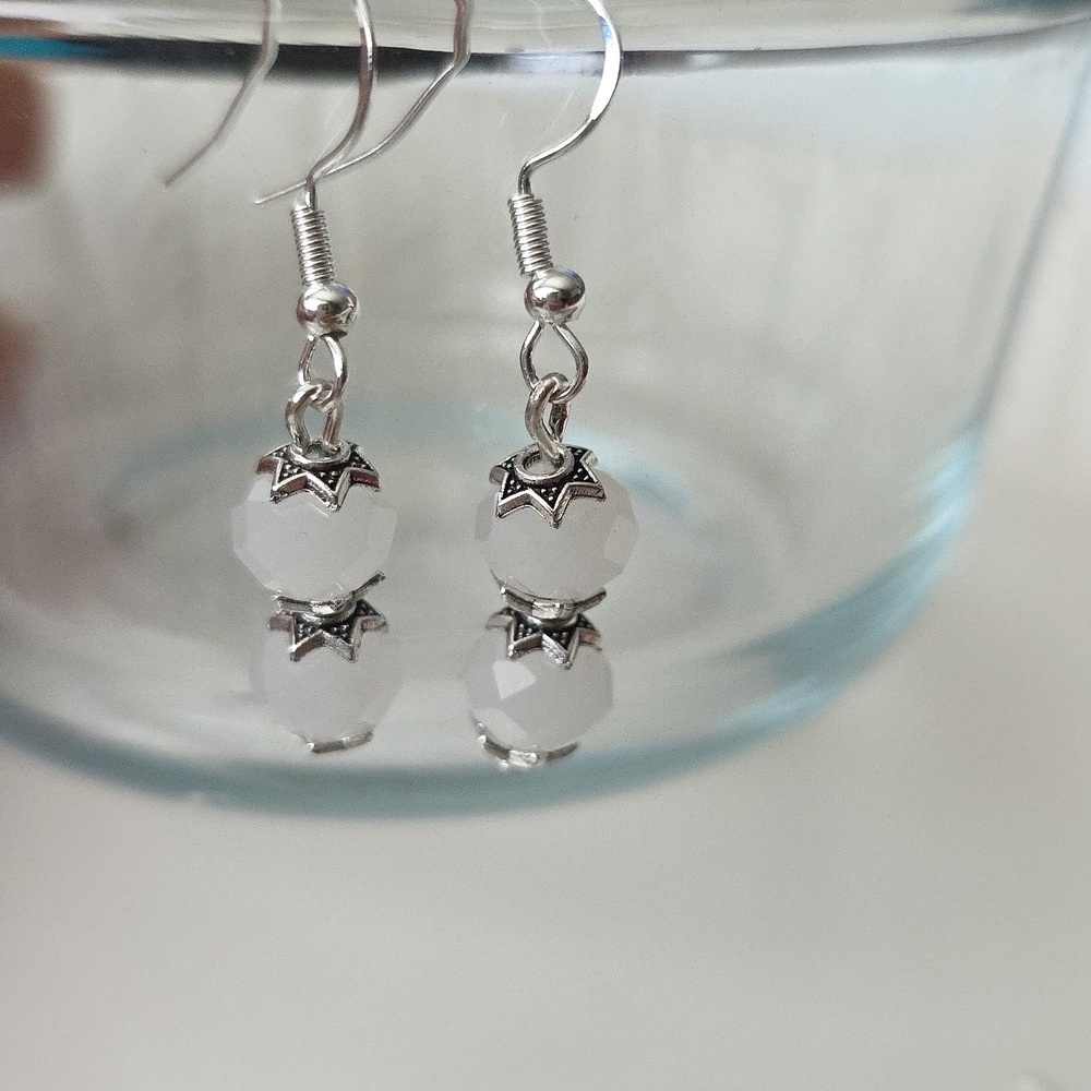 WHITE FACETED Glass  Beaded Star  Handcrafted Artisan Earrings